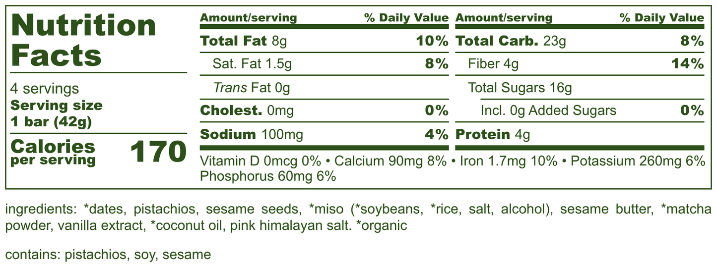 4-Pack Green Tea Pistachio (1.4 oz Bars)